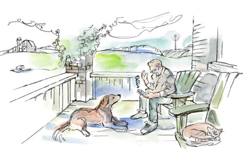 Illustration of Dan on porch talking on cell phone