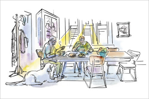 Illustration by Shelagh Armstrong 2 men eating at a table